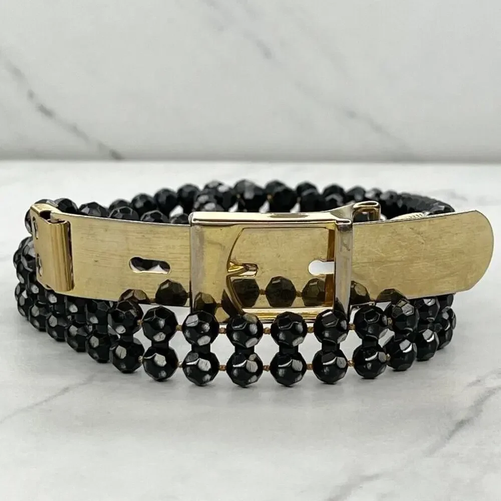 Black Beaded Belt Gold Tone Buckle Statement Small (S) ✨